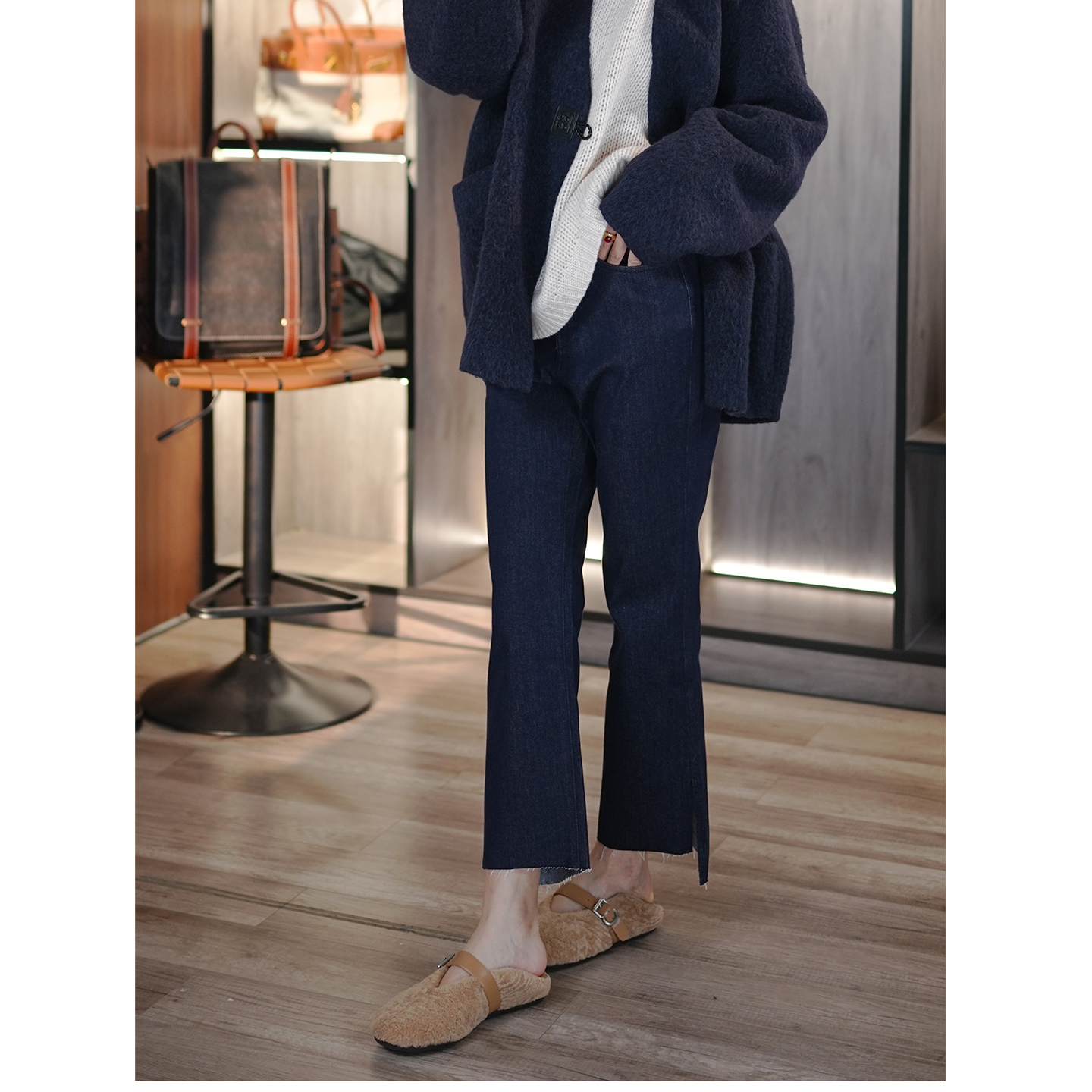 小狗与小孩抓绒开衩9分牛仔裤