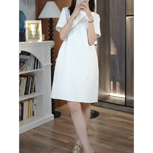 春季亚麻棉提花宽松短袖连衣裙