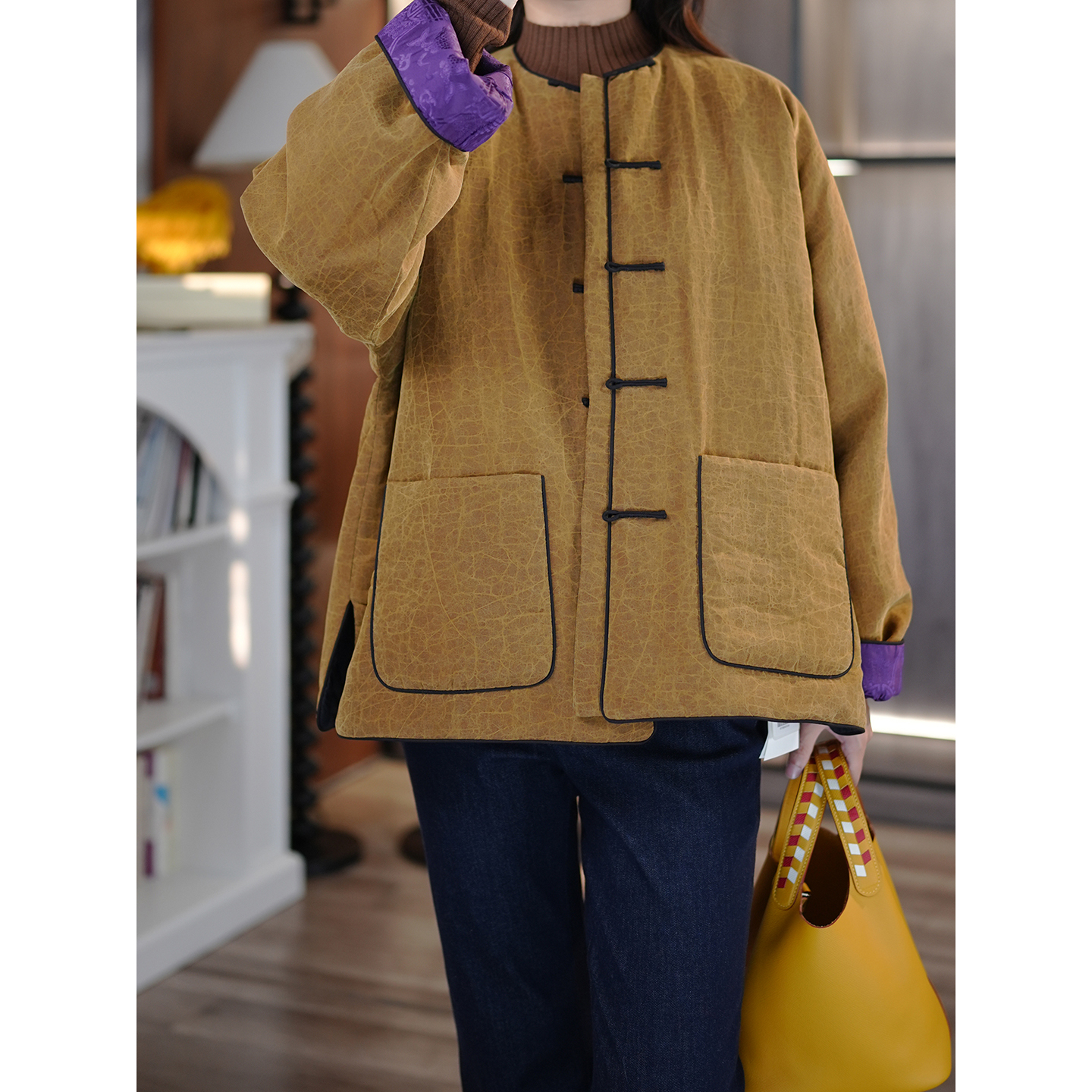 龟裂香云纱盘扣圆领廓形棉衣外套