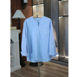衬衫 6号衣橱 日本高支全棉蓝白竖条纹宽松圆领长袖 日系简约