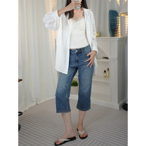 微弹洗水丹宁小直筒7分牛仔裤