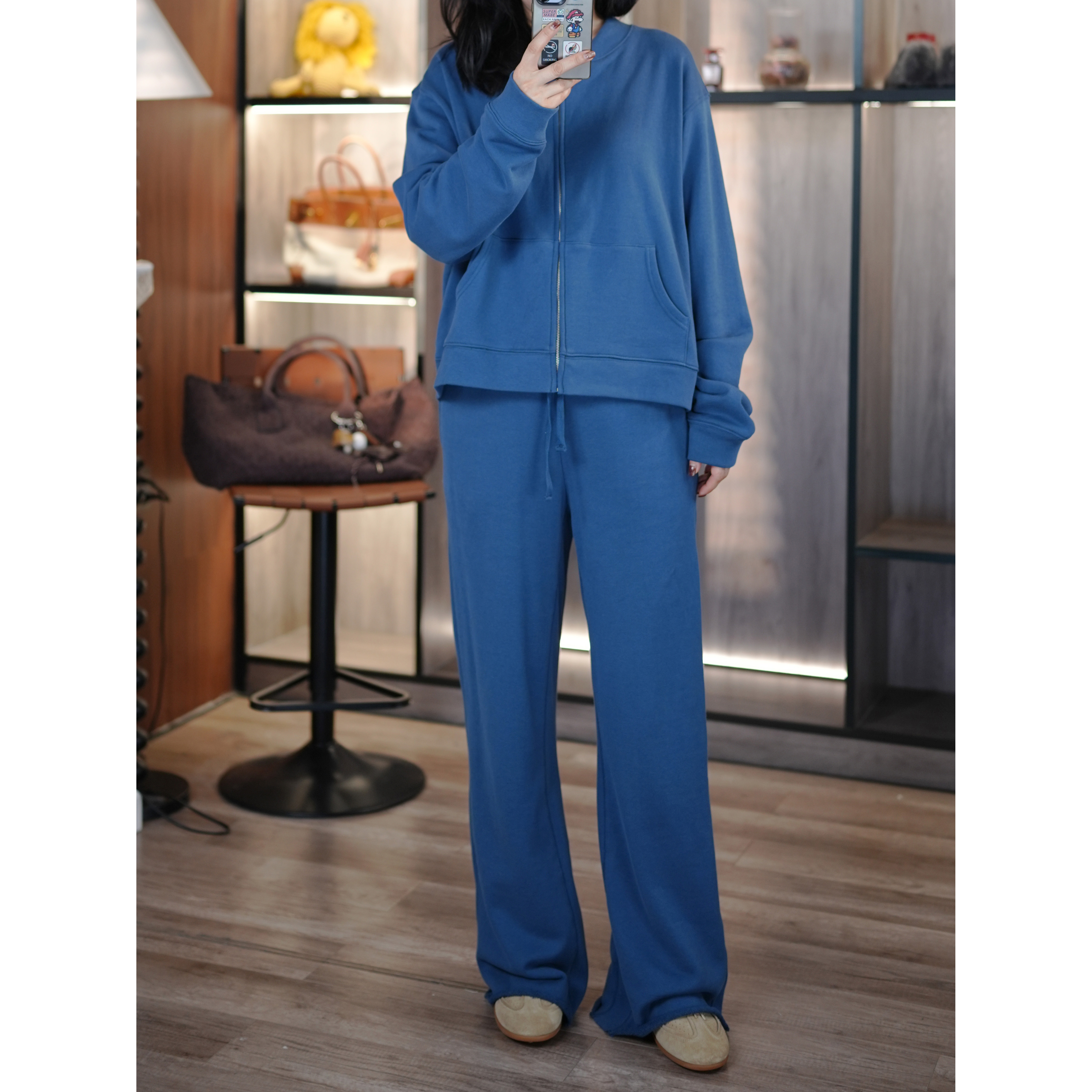 简约松驰毛圈棉拉链卫衣套装