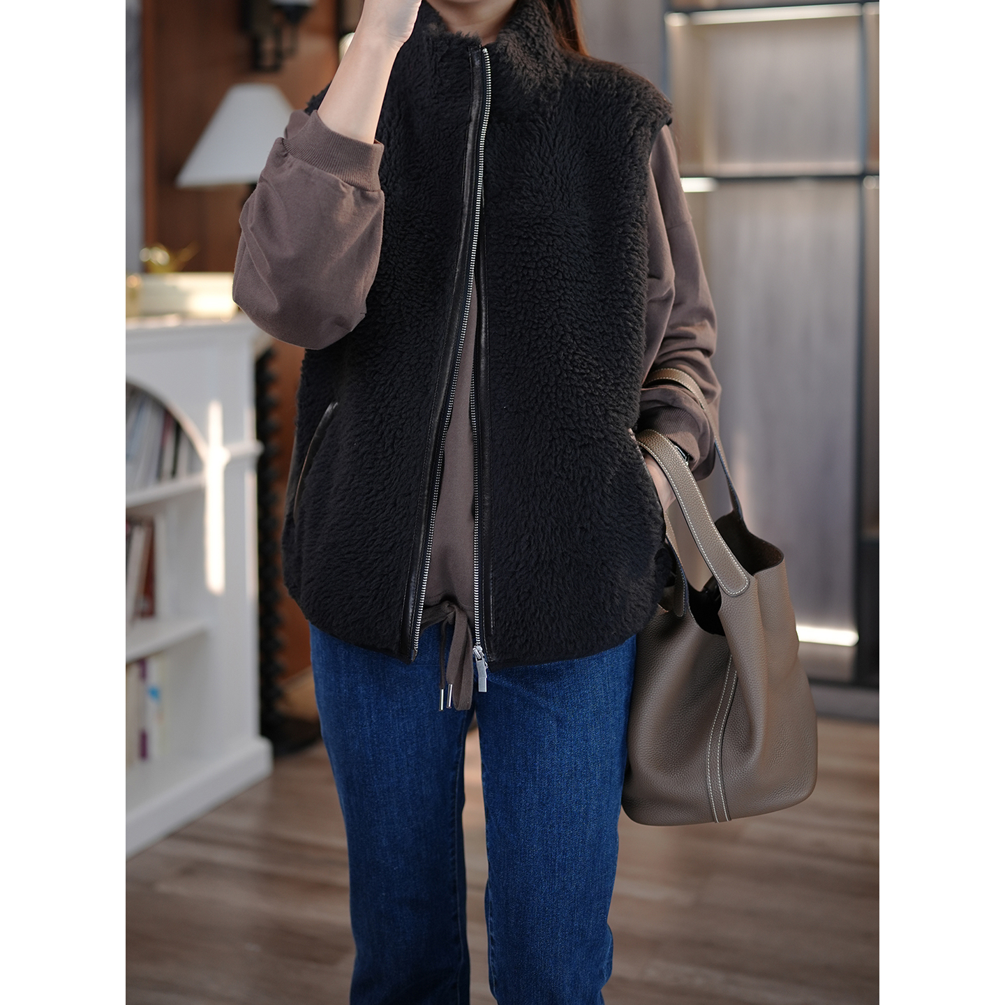 西班牙绵羊毛拉链皮毛一体马甲