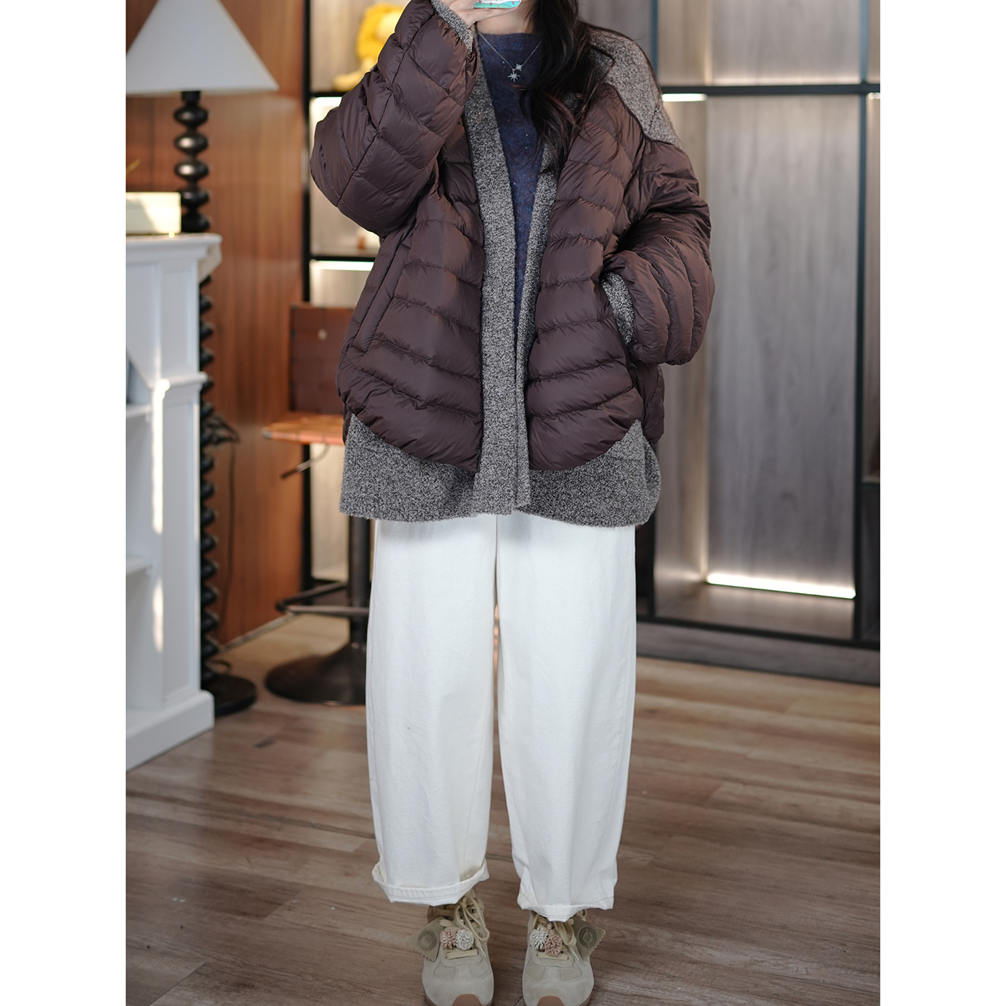 圈纱羊毛双面穿V领廓形羽绒服