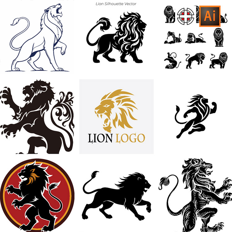 狮子白兔黑白剪影线稿线条描边剪影插图雕刻图标AI矢量设计素材