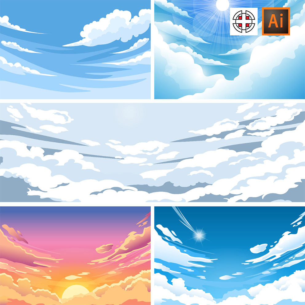 蓝天白云日出夕阳天空云朵卡通背景ai矢量设计素材