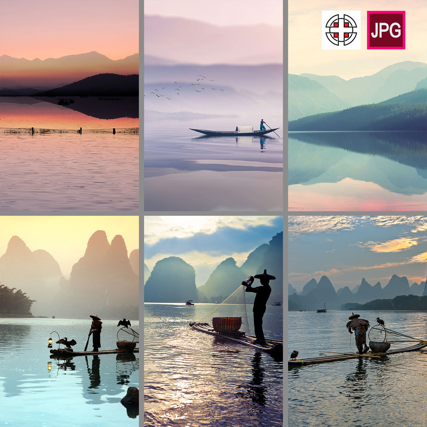 竖版水墨风景画中国风远山渔夫亭子船山水画背景图片jpg设计素材