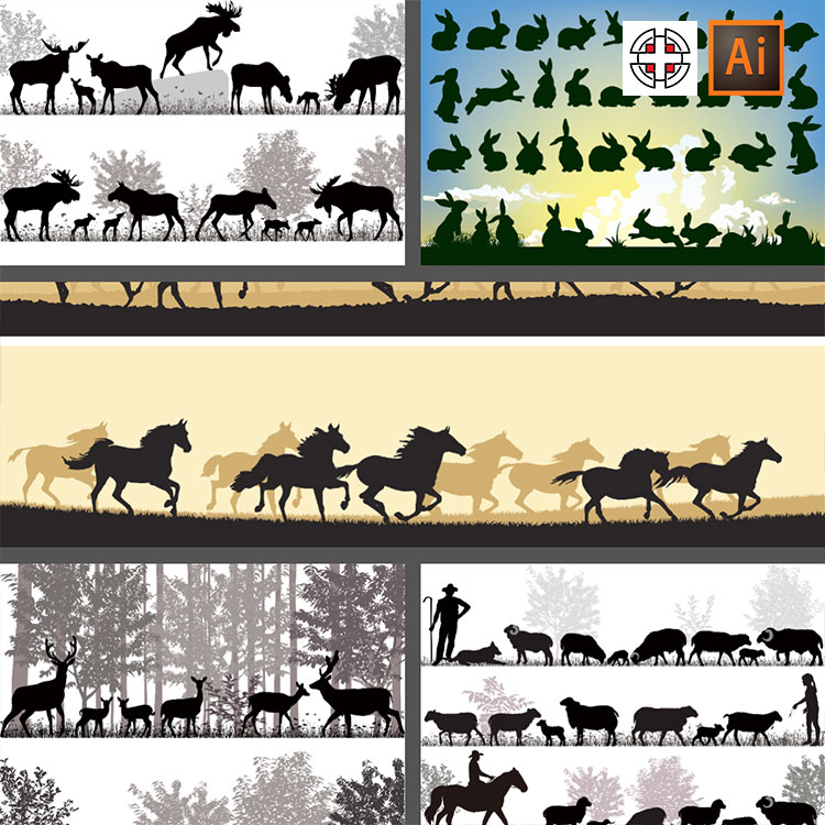羊群马兔子驯鹿黑白剪影插画插图AI矢量设计素材