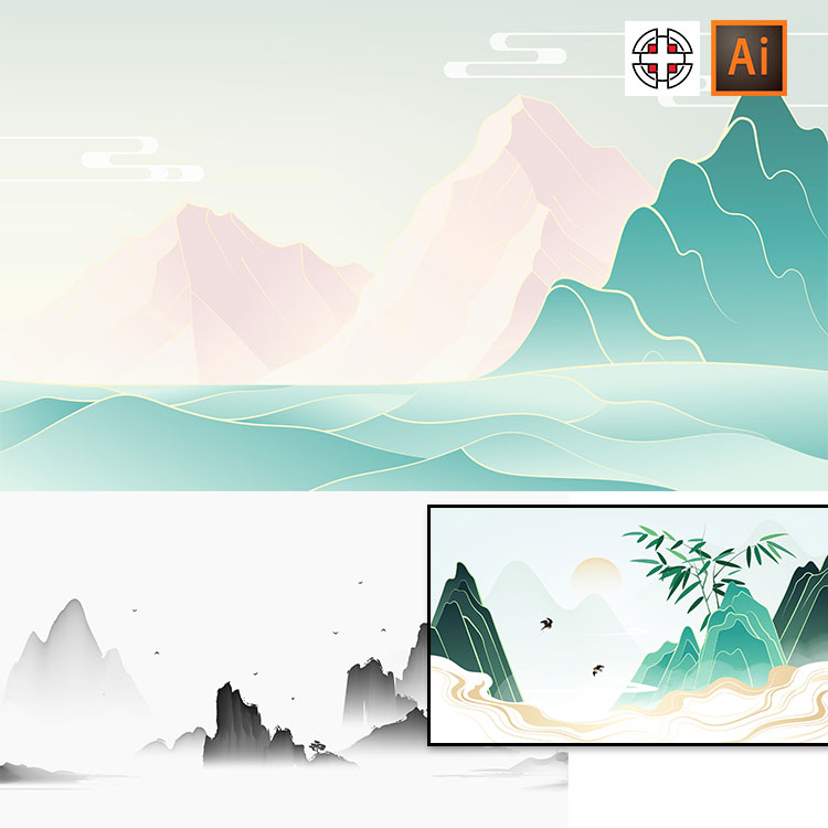 矢量中国风水墨抽象意境山水画插画背景AI矢量设计素材