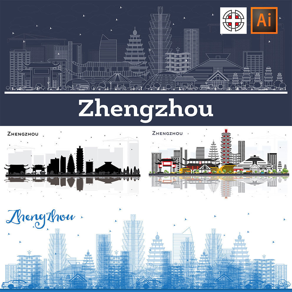 旅游城市郑州地标建筑线条插画ai矢量设计素材