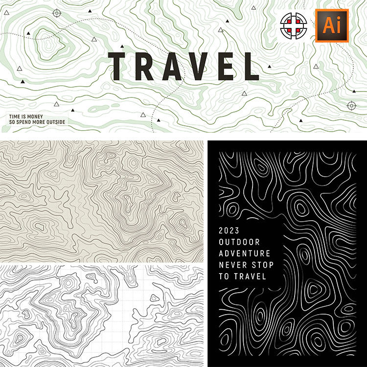 等高线地形图纹理 户外探险旅行地图线条背景底纹AI矢量设计素材