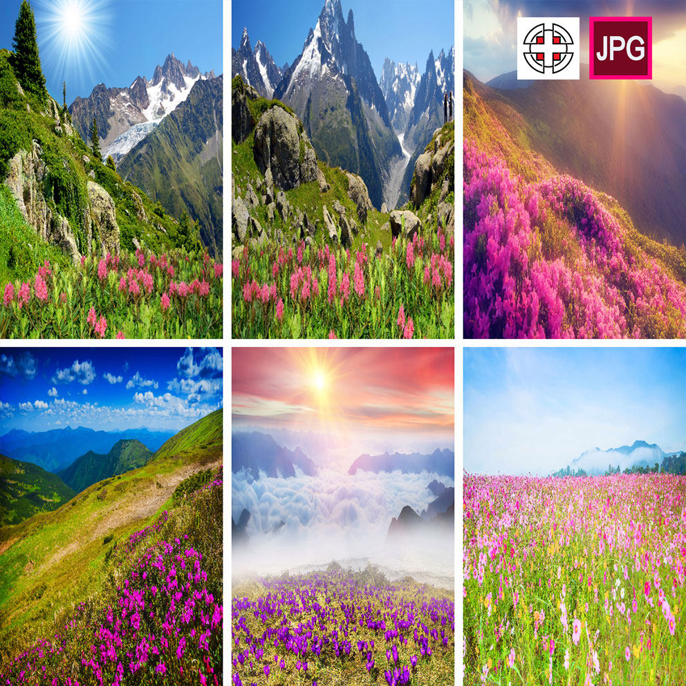 竖屏大自然风光草地花丛鲜花圣地山脉风景画高清背景图片设计素材