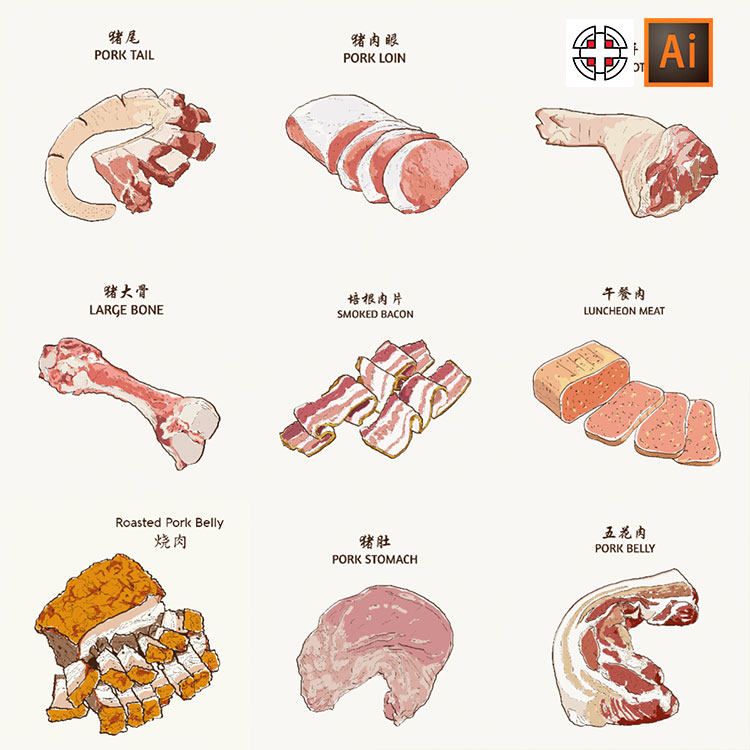 猪肉排骨五花肉猪骨猪肚培根牛肉手绘素描插图AI矢量设计素材