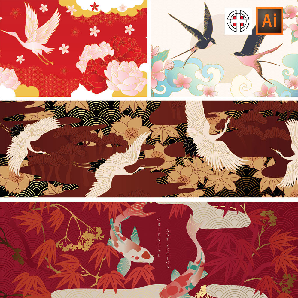 中国风锦鲤仙鹤燕子云纹新年喜庆插画背景墙装饰画AI矢量设计素材