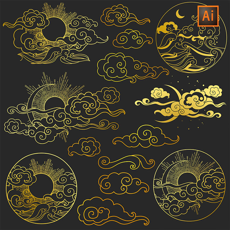 中华传统云纹宇宙山脉月亮太阳金色线条切割文件AI矢量设计素材