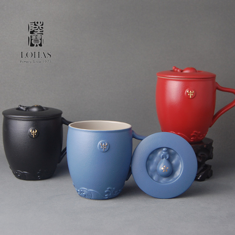 陆宝高温陶瓷茶具牛来运转泡茶盖杯办公会议绿茶水杯400ML礼盒装