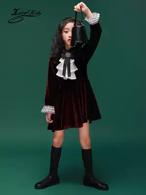 ZYYGL sister grid girls long-sleeved retro dress autumn and winter new Zhongda children's Western style velvet skirt princess skirt