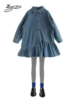 ZYYGL sister grid new children's fashionable Western style dress girls long-sleeved denim skirt loose mid-length shirt skirt
