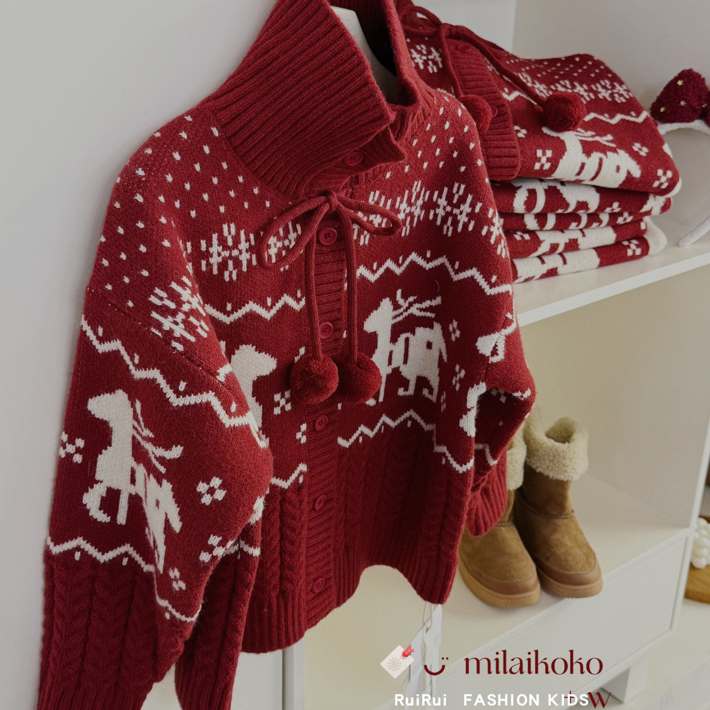 milaikoko米莱童装2025冬款圣诞开衫毛衣红色麋鹿提花针织衫1855