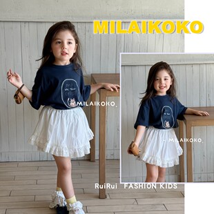 milaikoko米莱童装2026女童短袖T恤夏季卡通图案226235蕾丝边短裙