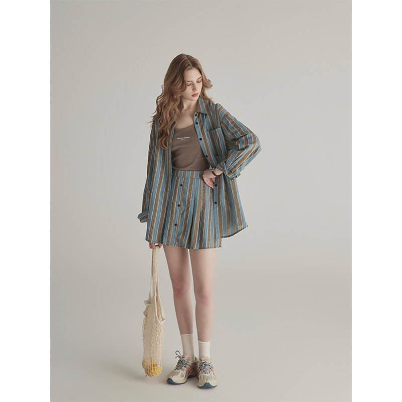 三十三【塞尚印象】条纹衬衫女褶皱设计感防晒衬衣半身裙通勤套装
