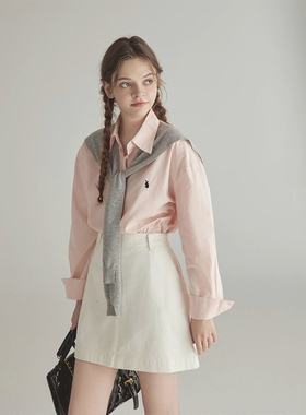 三十三   【 Miu-Sui】刺绣宽松衬衫女灰色披肩白色a字牛仔半身裙