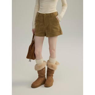 三十三 卡其色麂皮绒短裤女2025冬季新款复古高腰百搭休闲短裤