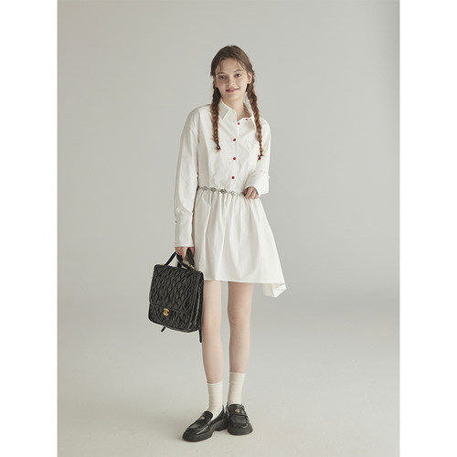 三十三【Fleur Collar】撞色不规则衬衫连衣裙女秋季红色马甲背心