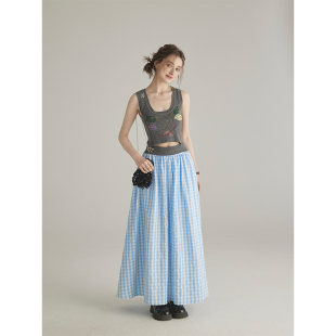 格子半身裙女夏季 story 高腰百褶裙学院风A字裙 island 三十三