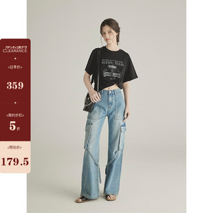 三十三【引力时差】绑带宽松直筒牛仔裤女2024夏季口袋工装风裤子