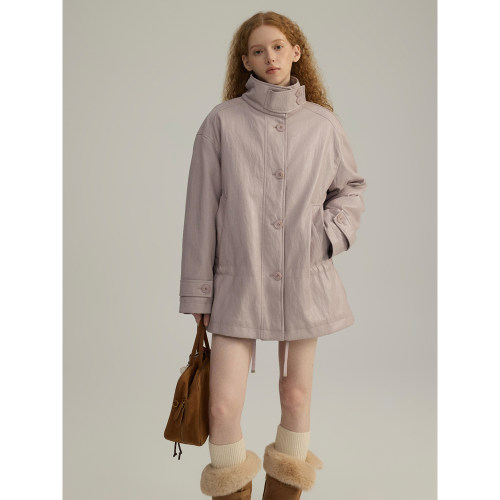 三十三 立领紫色pu皮质羽绒服女2026新品90白鸭绒皮风衣收腰外套
