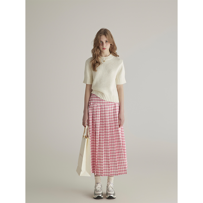 三十三 【朗弗格】粉色格子半身裙女夏季a字高腰显瘦梨形百褶长裙