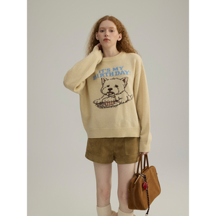 三十三 卡通小狗圆领毛衣女2025冬季新款多色百搭内搭针织上衣