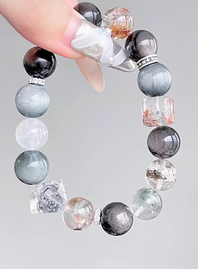 天然水晶四季幽灵+银曜石+黑金