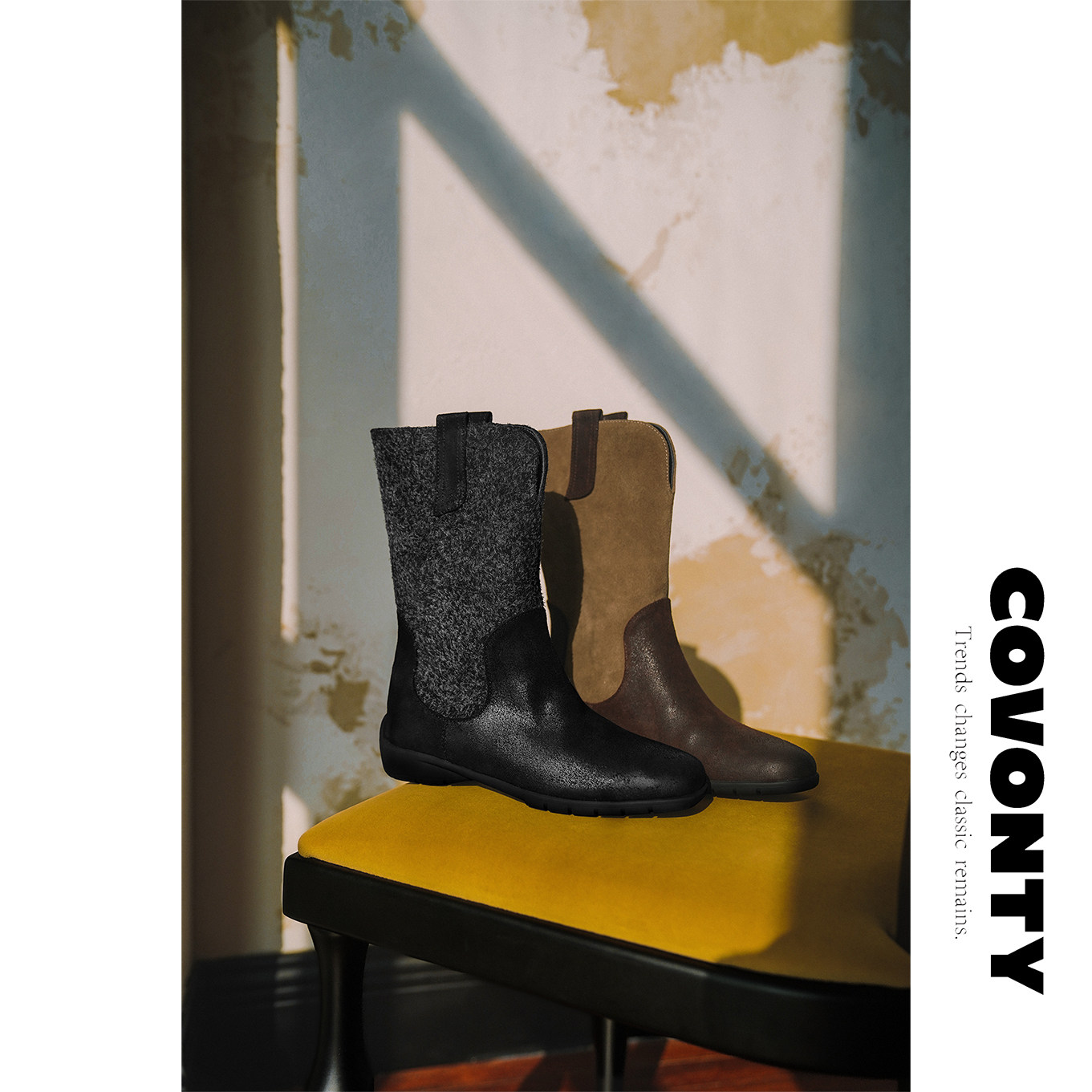 COVONTY「original」游牧风 帅气一脚蹬西部牛仔靴女拼色骑士短靴,女鞋,骑士靴,淘宝优惠券,粉丝福利购,淘宝优惠卷