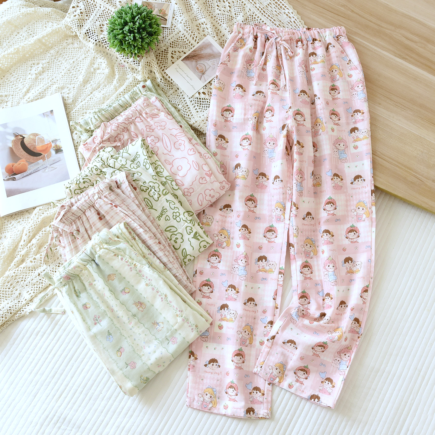 春夏纯棉纱布睡裤女双层棉纱裤子