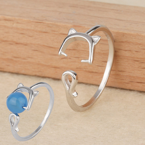 猫咪蜜蜡戒指托纯银镶嵌绿松石