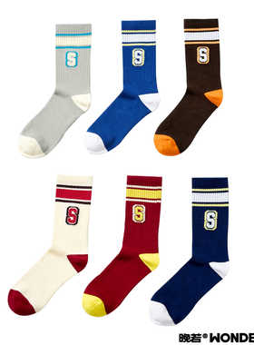 晚若高端定制字母严选中筒ins中性潮款运动复古棉袜