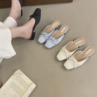 平底软皮蝴蝶结小凉拖低跟 2026年春夏新款 粗跟包头半拖鞋 外穿女鞋
