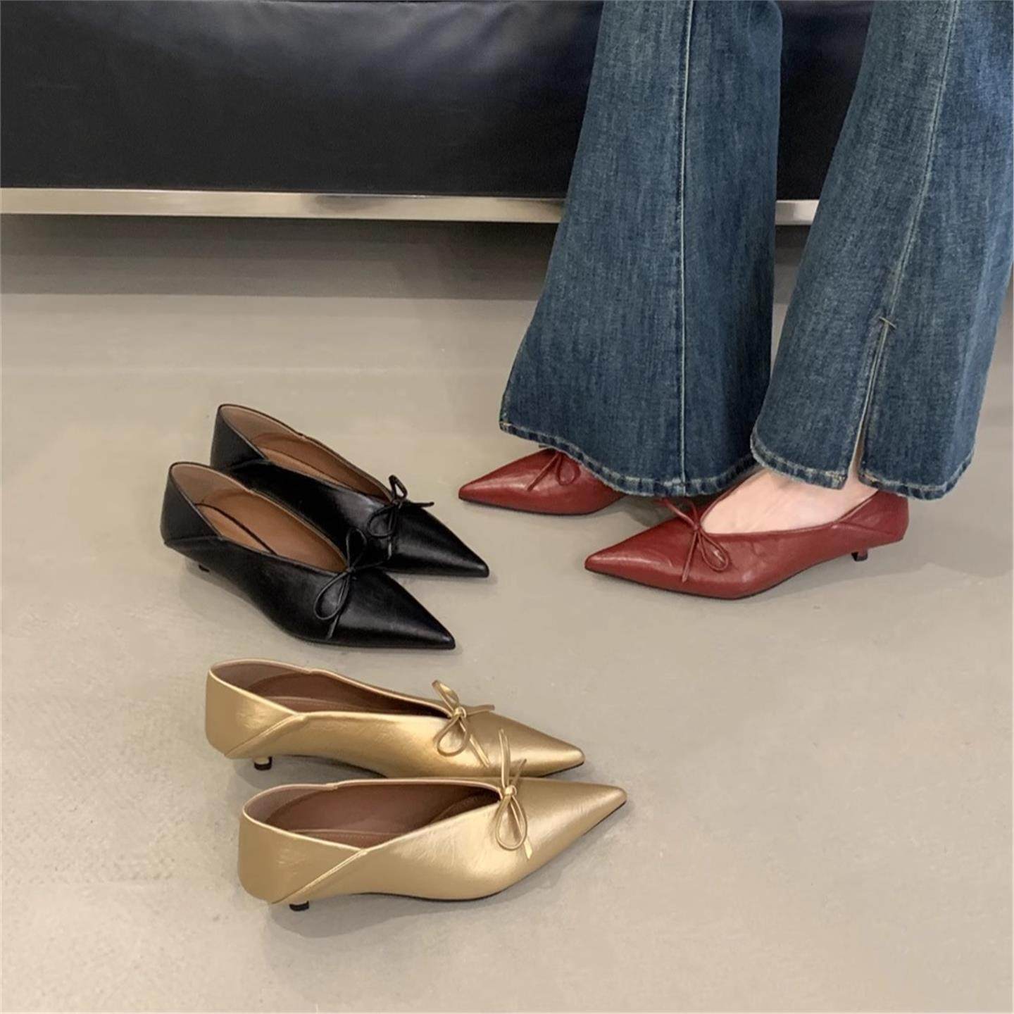 2025年秋季新款尖头蝴蝶结细跟中跟浅口低跟单鞋V口女鞋,女鞋,浅口单鞋,淘宝优惠券,粉丝福利购,淘宝优惠卷