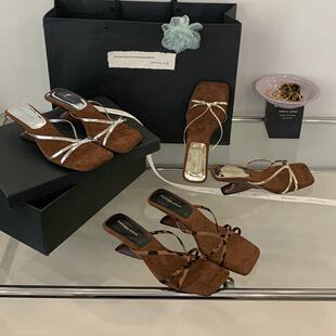 法式优雅风方头坡跟露趾凉鞋女2026新款细带配裙子罗马鞋