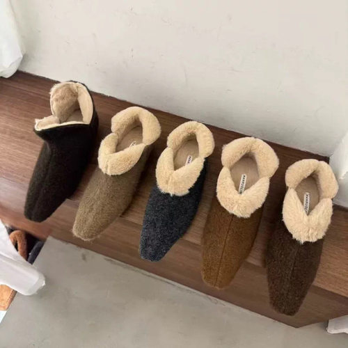 77-8百搭毛毛鞋女冬季加绒豹纹外穿小方头复古百搭保暖单鞋