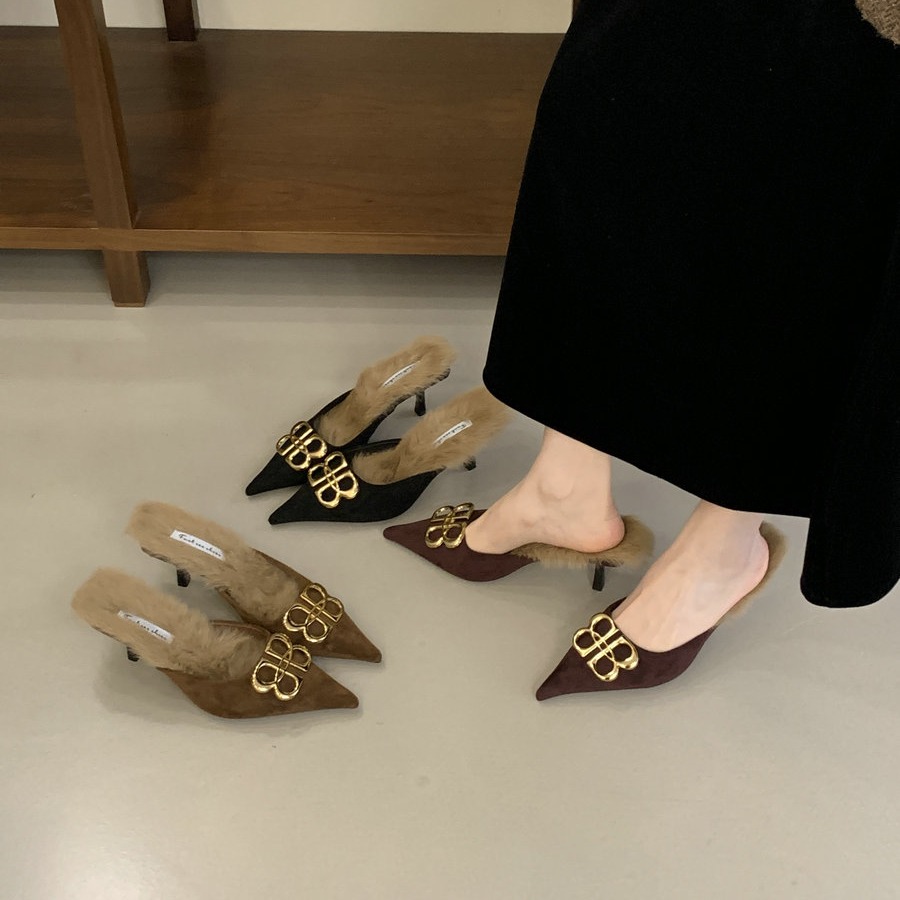 毛毛高跟鞋中跟2025秋冬欧美风金属扣尖头细跟包头半拖鞋女