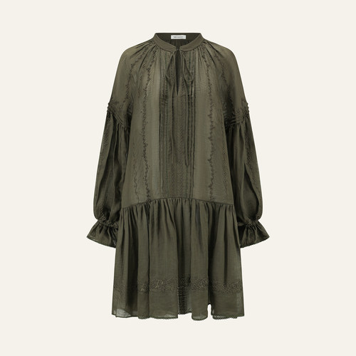 INTO THE EAST 26春夏 橄榄绿泡泡袖绣花连衣裙