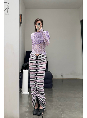 80%OFF NAN KNITS 渐变条纹抽绳长裙