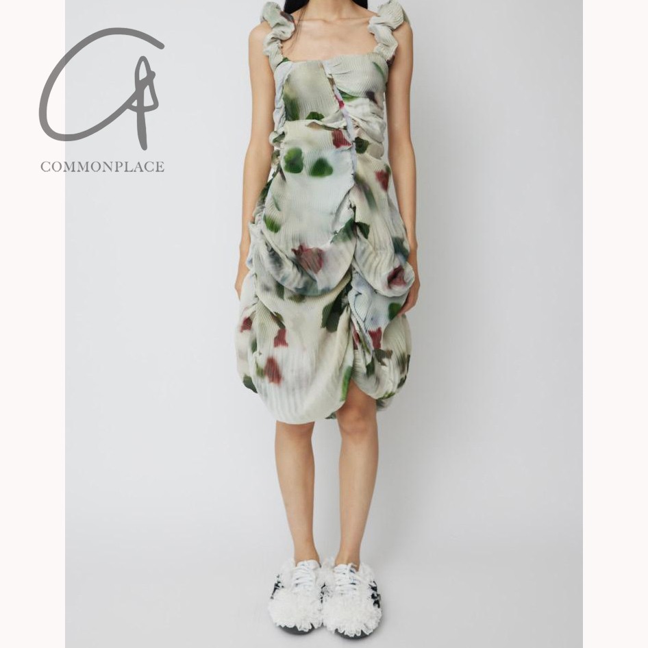 50%OFF CAROLINE HU  玫瑰印花贝壳褶皱迷你裙