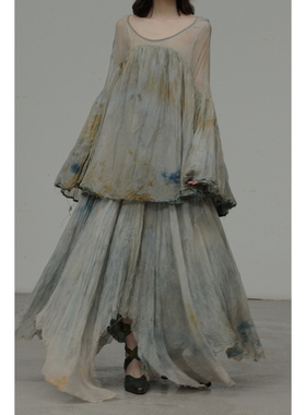 50%OFF elapsing 双层扎染丝质侧扣褶皱阔摆半身裙