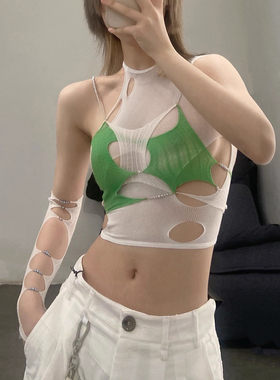 Rui Zhou R003系列 撞色交叉水晶珍珠链吊带抹胸