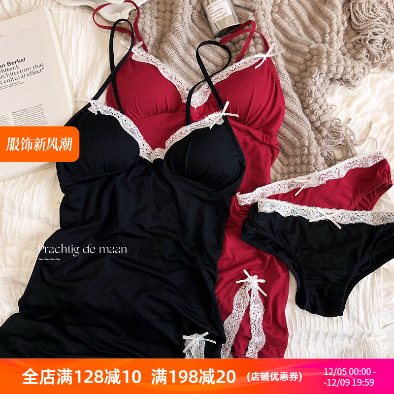 섹시한 잠옷 세트 슬림한 서스펜더 스커트 프렌치 레트로 슬릿 레이스 엣지 편안함 스틸 링 없음 소녀용 삼각형 컵