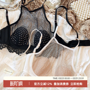 法式 性感蕾丝水钻网纱镂空挂脖美背内衣软钢圈薄大胸显小文胸聚拢